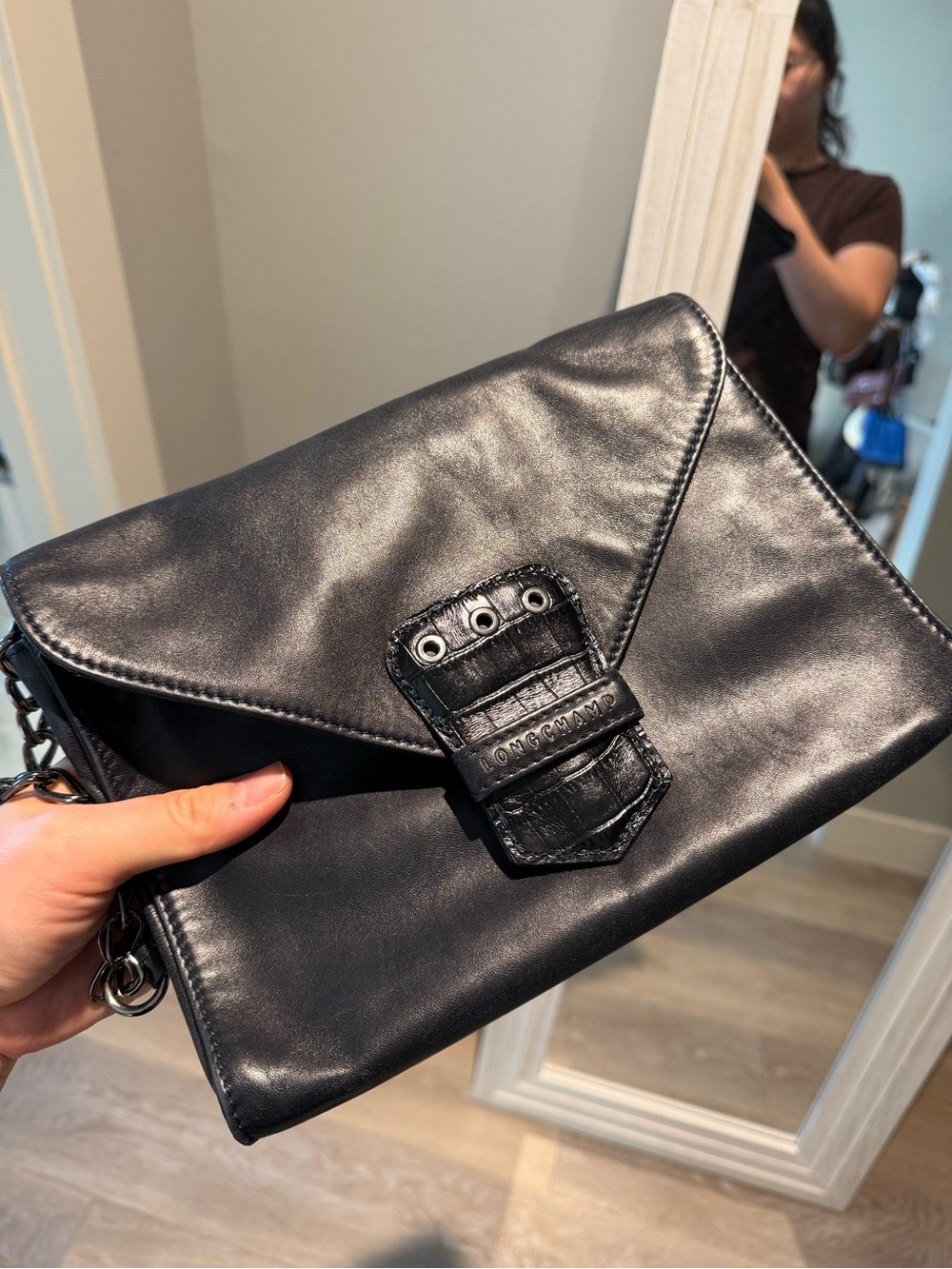 Kate Moss for Longchamp Black Leather Envelope Shoulder Bag